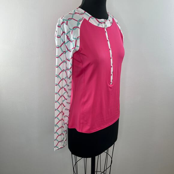 SANSOLEIL SolCool Pink White Long Sleeve Partial Zip Mock Neck Stretch Top Sz S - Picture 4 of 8